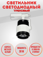 03-30W-6000K-БлКр Светильник светодиодный трековый белое крепление от интернет магазина Elvan.ru