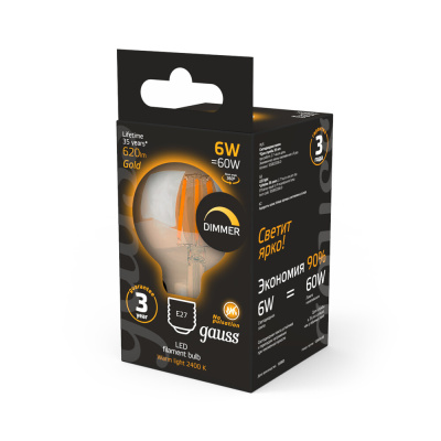 Светодиодная филаментная лампа Gauss G95 6W 620Lm 2400K E27 105802006-D