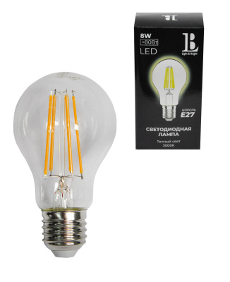 E27-8W-3000K-A60 Лампа LED (прозрачная Филамент) L&B от интернет магазина Elvan.ru