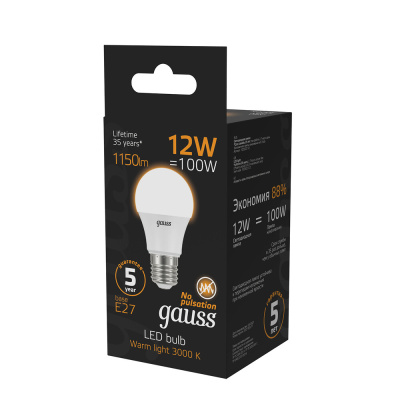 Светодиодная лампа Gauss A60 12W 1150Lm 3000K E27 102502112