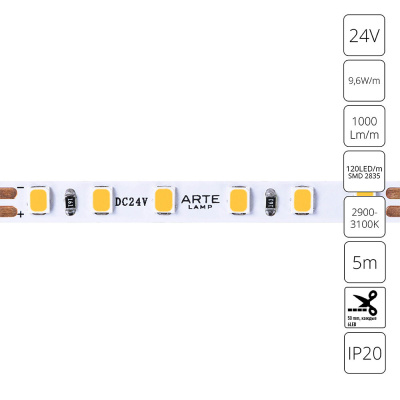 Светодиодная лента 24V 9,6W/m 3000К 5м Arte Lamp TAPE