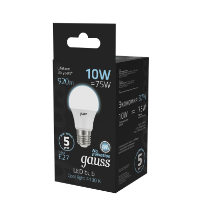 Светодиодная лампа Gauss A60 10W 920Lm 4100K E27 102502210