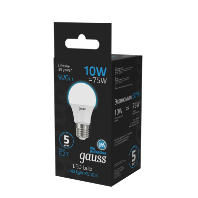 Светодиодная лампа Gauss A60 10W 920Lm 6500K E27 102502310