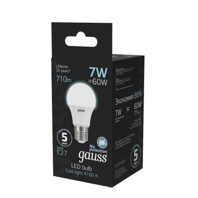 Светодиодная лампа Gauss A60 7W 710Lm 4100K E27 102502207