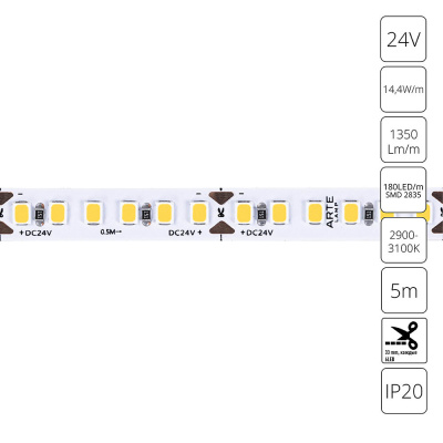 Светодиодная лента 24V 14,4W/m 3000К 5м Arte Lamp TAPE